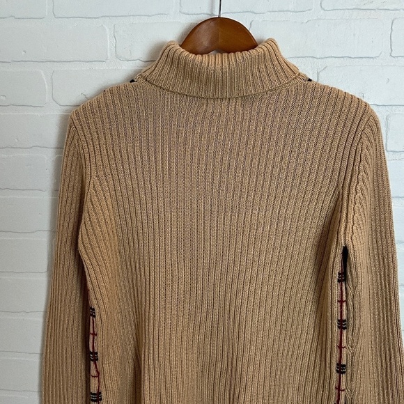 Vintage Knit Sweater Burberry vibe Old money Wool blend Plaid Tan/Black/Red S - Picture 14 of 15